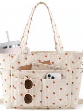 Corduroy Tote Bag Multipocket Laptop Work Travel Purse